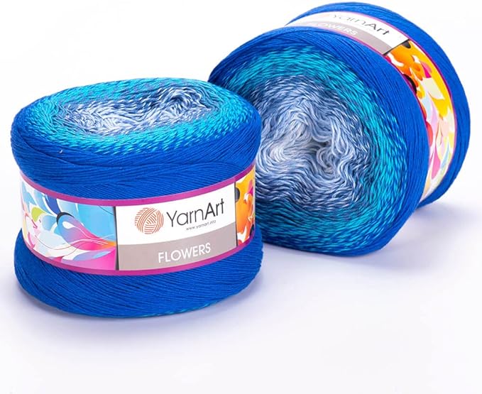 2 Skein/Pack Yarnart Flowers Gradient Yarn, Each Ball 8.8 Oz (250gr) / 1094 Yards (1000m), 55% Cotton 45% Acrylic, Superfine Fingering Weight for Knitting and Crochet, 299 - Blue White