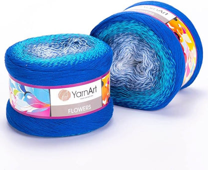 2 Skein/Pack Yarnart Flowers Gradient Yarn, Each Ball 8.8 Oz (250gr) / 1094 Yards (1000m), 55% Cotton 45% Acrylic, Superfine Fingering Weight for Knitting and Crochet, 299 - Blue White