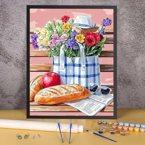 RICUVED Flowers Paint by Numbers for Adults, Bench Paint by Numbers Kit for Adults Beginners, Bread DIY Acrylic Pink Oil Painting on Canvas Easy for Gift Home Wall Decor 16x20 Inch - Image 2
