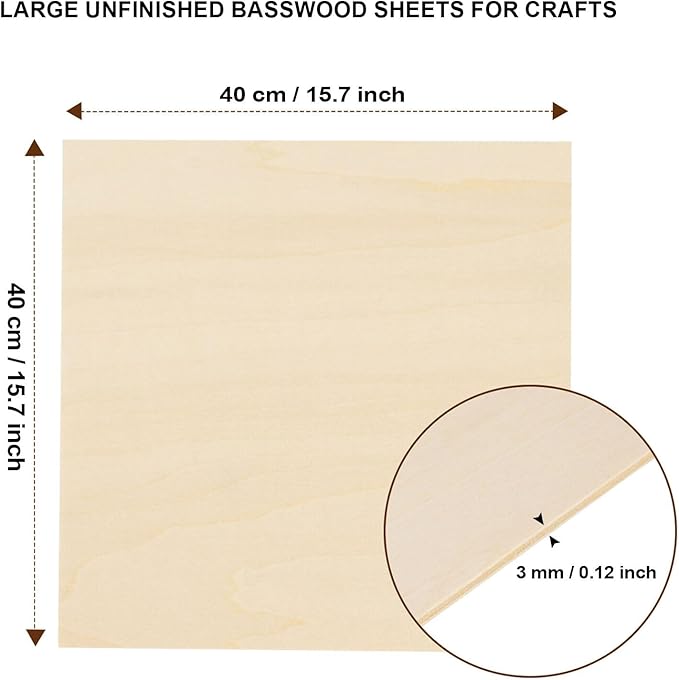 12 Pack Basswood Sheets for Crafts - 16 x 16 x 1/8 Inch - 3mm Thick Large Plywood Sheets Unfinished Bass Wood Boards for Laser Cutting, Wood Burning, Architectural Models, Staining