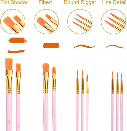 Acrylic Paint Brush Set, (20 Packs /200 pcs) Nylon Hair Brushes for Oil and Watercolor, Perfect Suit of Art Painting, Best Present for Painting, Pink