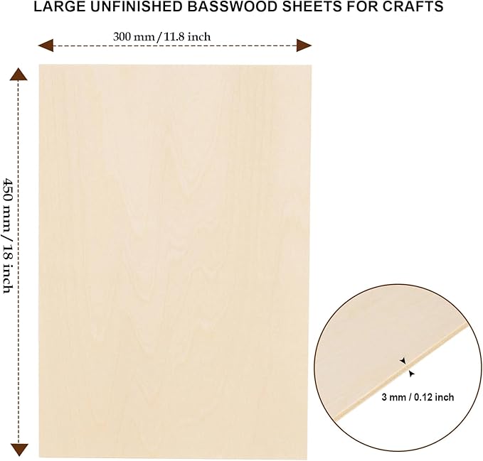6 Pack Basswood Sheets for Crafts - 12 x 18 x 1/8 Inch - 3mm Thick Large Plywood Sheets Unfinished Bass Wood Boards for Laser Cutting, Wood Burning, Architectural Models, Staining
