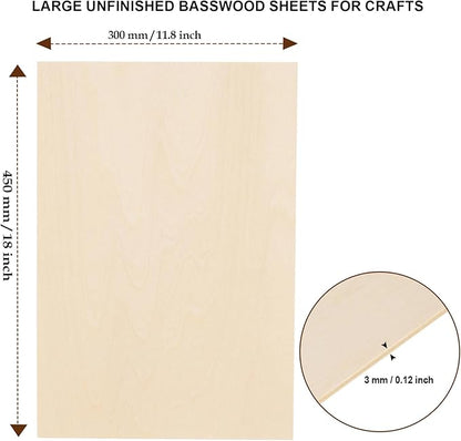 12 Pack Basswood Sheets 12 x 18 x 1/8 Inch - 3mm Unfinished Basswood for Laser Cutting & Engraving, Thin Plywood Board Unfinished Wood Sheet for Crafts Wood Burining, Painting, Architectural Model