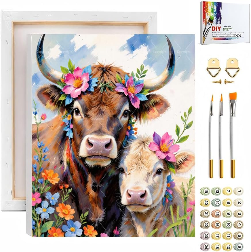 Sceorixa Cow Paint By Numbers Kit for Adults - DIY Floral Cow and Calf Painting On Canvas, Acrylic Paint Set, Suitable for Beginners, Art for Home Decoration Or Gifts(8X12IN Framed) by Unknown