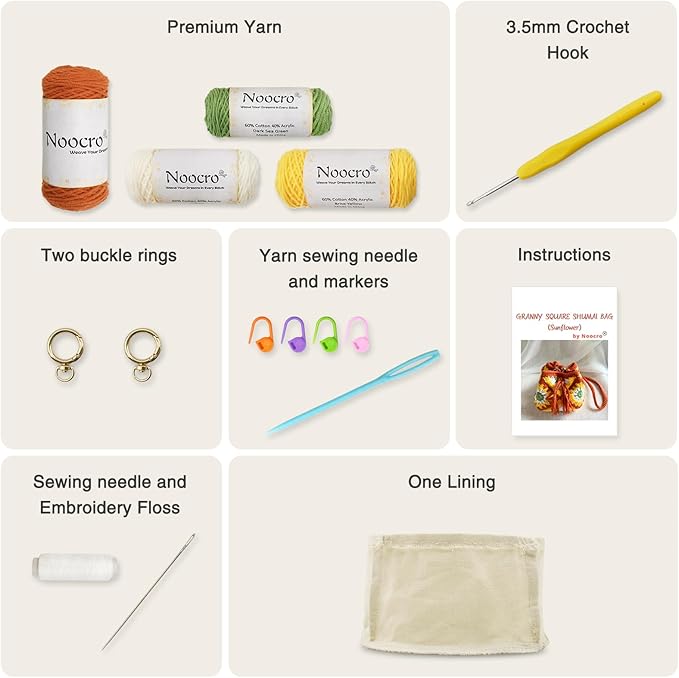Noocro Crochet Kit Granny Square Shumai Bag, Purse, Complete DIY Kit, Detailed Instructions, Video Tutorials, for Beginners or Intermediate and Advanced Crocheters (Sunflower)