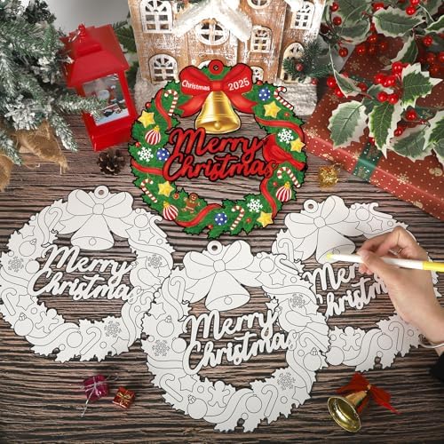 Sereliy 24 Pcs Christmas Coloring Wreath Crafts, Color Your Own Christmas Crafts, DIY Paper Xmas Wreath for Classroom Activities, Games. (Bell) - Image 4