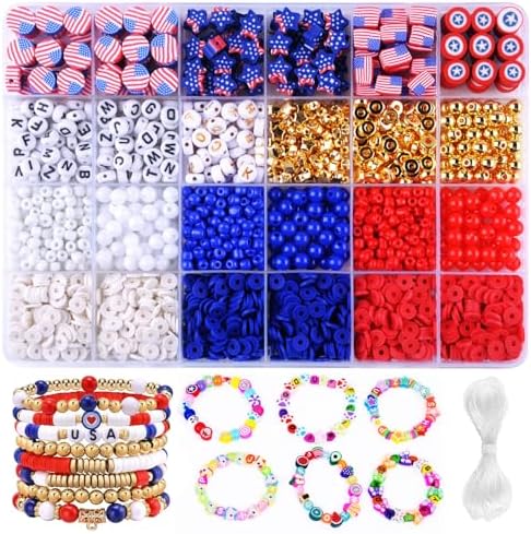 2480pcs President's Independence Day Polymer Clay Beads Charms Friendship Bracelet Necklace Earring Jewelry Making kit, Accessories for Arts Crafts DIY Birthday Gifts for Girls Children American Flag by BBita