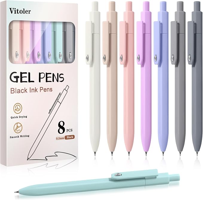 Piochoo Gel Pens,8pcs Fine Point Smooth Writing Black Ink Retractable Journaling Pens Ballpoint, Quick-Dry Cute Fidget Pens for School Supplies Office Desk Accessories