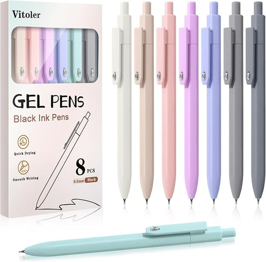 Piochoo Gel Pens,8pcs Fine Point Smooth Writing Black Ink Retractable Journaling Pens Ballpoint, Quick-Dry Cute Fidget Pens for School Supplies Office Desk Accessories