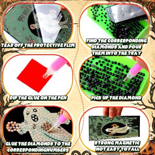 Saillong 12 Pack Halloween Diamond Painting Greeting Card Kits DIY Halloween Diamond Art Cards with Envelopes Green Black Cat Skull 5D Rhinestones Painting Kit for Adults DIY Craft Family Friend Gifts - Image 6