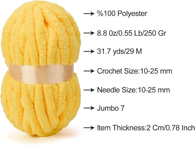 ERLYEEN Chenille Chunky Yarn Super Bulky Soft Thick Fluffy Jumbo Giant Washable Polyester Big Yarn DIY for Arm Knit Blanket Cushion Bed Sofa Home Decor,Yellow,0.55LB