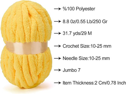 ERLYEEN Chenille Chunky Yarn Super Bulky Soft Thick Fluffy Jumbo Giant Washable Polyester Big Yarn DIY for Arm Knit Blanket Cushion Bed Sofa Home Decor,Yellow,1.1LB
