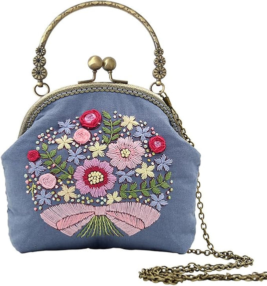 Eforcase Flower Embroidery Kit Tote Bag, Embroidery Coin Purse Kits Handbag Hand Embroidery Kit for Adults Beginner with Embroidery Patterns, Embroidery Hoop,DIY Sewing Kit