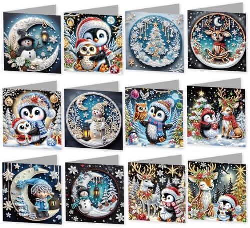 jinglinhh 12pcs Diamond Art Painting Christmas Moon Snowman Penguin Deer Greeting Cards with Envelopes, DIY Card Making Kits for Adults, Diamond Art Christmas Cards for Holiday Gifts by Unknown