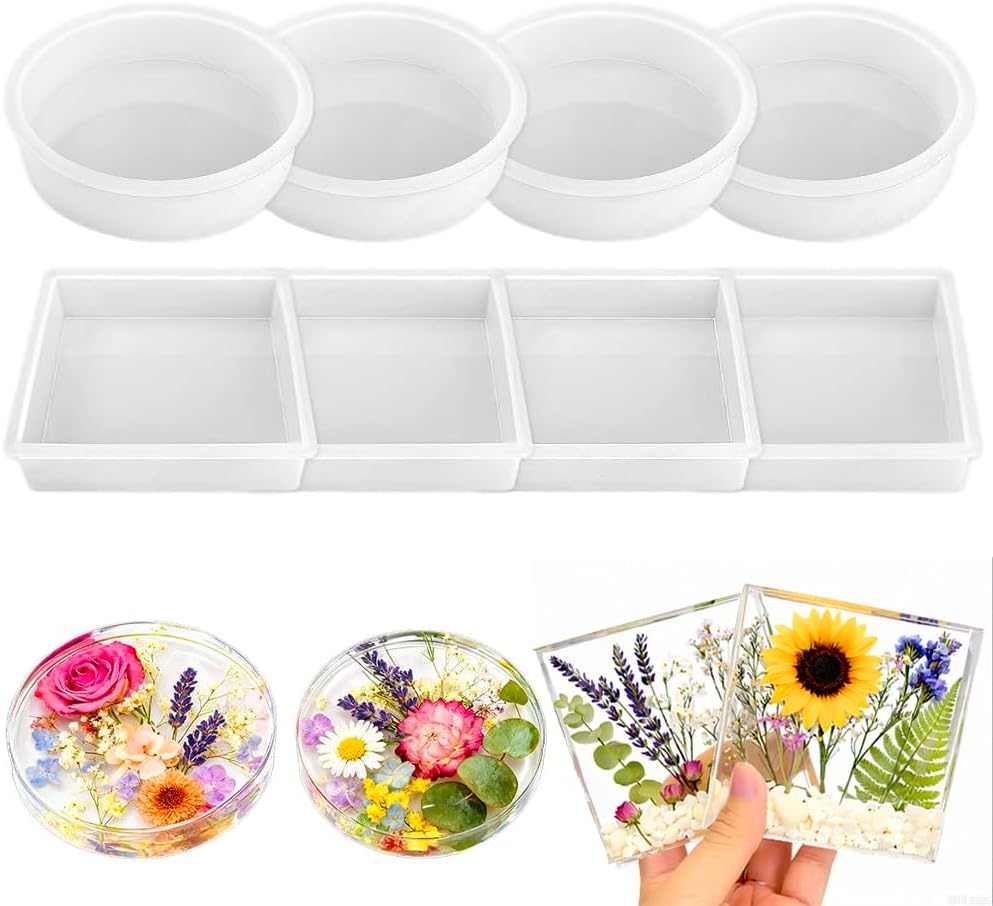 Coaster Molds for Epoxy Resin - 8 Cavities Round and Square Resin Coaster Molds Set, Epoxy Resin Molds Silicone for Flower Bouquet Preservation,DIY Agate Coasters, Candle Trays by Loyohep