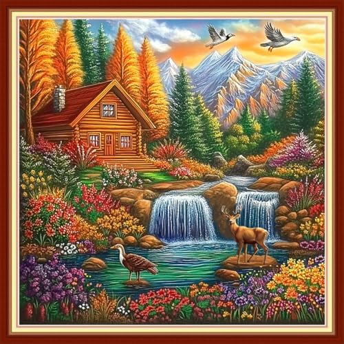 Joyhoor Cross Stitch Kits for Beginners Stamped Cross-Stitch Supplies Needlework preprint Embroidery Kits for Adults DIY Needlepoint Kits Embroidery Patterns 11CT-Autumn Waterfall Home 18x18 inchs by JoyhoorCrossStitchKits