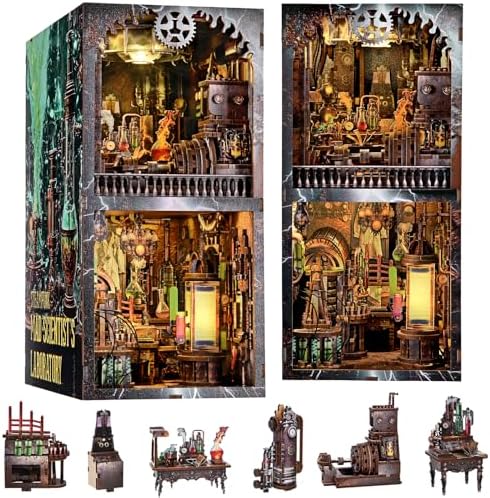 fifijoy Book Nook Kit - DIY Miniature House Dollhouse Kit for Adults and Teens, Steampunk Booknook Tiny House Bookshelf Decor 3D Wooden Puzzle (Mad Scientist Lab) by fifijoy