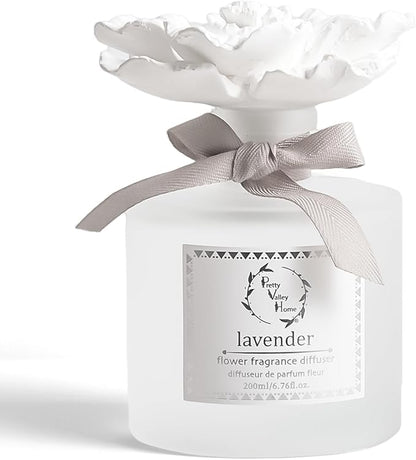 Pretty Valley Home Reed Diffuser Sets, 6.76 Fl. Oz / 200ML Ceramic Diffuser Flower Gift Box, Home Reed Diffuser for Bathroom Office Bathroom Living Room Decor (Lavender White)
