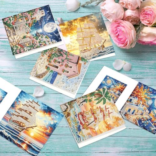 Artiphile DIY Pearl Art Painting Greeting Card Set Crafts Decor 6-Piece Foldable Cards Kit with Envelopes and Tools for Holiday Wishes Adult Crafting Project-Sailboat - Image 5