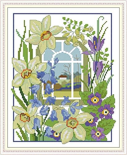 Howie's Needlepoint Cross Stitch Kits, 14CT Pre-Printed Pattern Needlepoint Kits, Full Range of Stamped Starter Kits(The Four Seasons Scenery Window-Winter,11.02 x 13.2 inch) by HowiesNeedlepoint