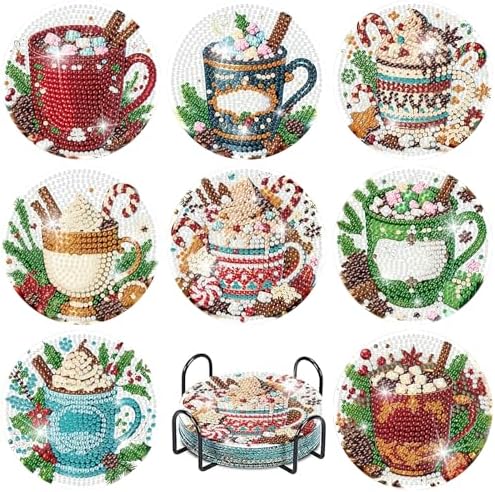 8 Pcs Christmas Coffee Diamond Painting Coasters Kits with Holder, DIY Christmas Diamond Art Coaster Kits for Adults, Paint with Diamonds Coasters Craft Supplies for Holiday Home Decor by Fotasmua