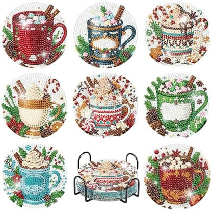 8 Pcs Christmas Coffee Diamond Painting Coasters Kits with Holder, DIY Christmas Diamond Art Coaster Kits for Adults, Paint with Diamonds Coasters Craft Supplies for Holiday Home Decor by Fotasmua