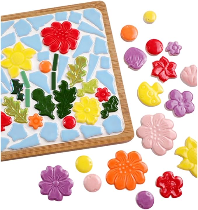 500g/1.1lb Random Color Irregular Ceramics Mosaic Tiles,DIY Making Creative Ceramic Mosaic Tiles for DIY Craft Plates Flowerpots Vases Cups Mosaic Making Supplies (Flowers, Berries, Mushrooms)