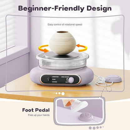 Alldeer Mini Pottery Wheel Kit - 4.7" Turntable Electric Clay Wheel with Foot Pedal, Adjustable Speed Ceramic Making Machine with 8 Pottery Shaping Tools, Craft Kits for Kids