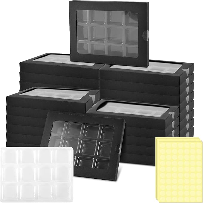 SMAODSGN 50 Pcs Gift Boxes for Wax Melts Plastic Mold With Box Wax Melt Boxes Crystal Clear Wax Melt Molds Wax Melts Containers For Wax Cubes Wax Tarts Wax Block (12 cavity, black)