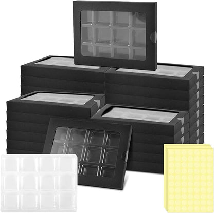 SMAODSGN 50 Pcs Gift Boxes for Wax Melts Plastic Mold With Box Wax Melt Boxes Crystal Clear Wax Melt Molds Wax Melts Containers For Wax Cubes Wax Tarts Wax Block (12 cavity, black)