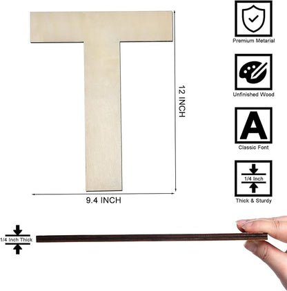 12 Inch Wooden Letter T, 1/4 Inch Thick Large Unfinished Wood Letter for Home Wall Decor, DIY Crafts