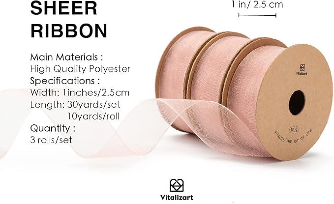 Vitalizart Rose Gold Ribbon Organza Sheer Ribbon 1 inch x 30Yd Handmade Fabric Light Pink Ribbons for Gift Wrapping Christmas Tree Crafts Bows Wedding Invitations Wreaths Wrap