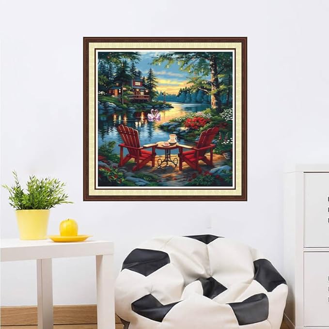 Magxvouy Cross Stitch Kits Stamped Full Range of Embroidery Kits,Cross Stitch Patterns Needlework Kits for Beginners 11CT Printed Kits&Drinking Tea by The Lake 18x18 inchs