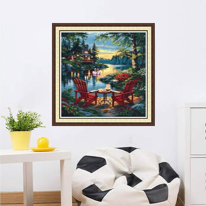 Magxvouy Cross Stitch Kits Stamped Full Range of Embroidery Kits,Cross Stitch Patterns Needlework Kits for Beginners 11CT Printed Kits&Drinking Tea by The Lake 18x18 inchs
