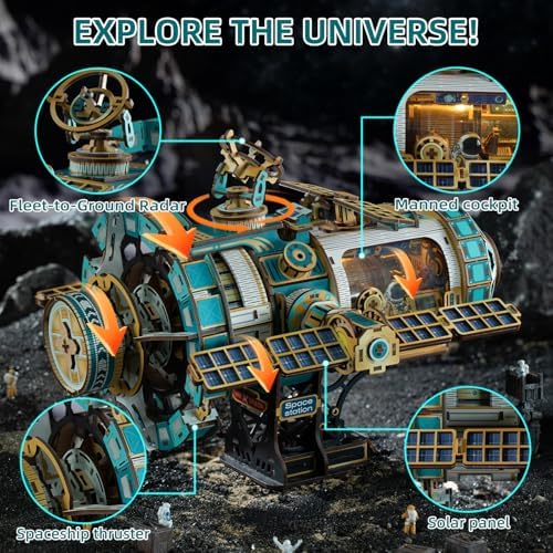 3D Wooden Puzzles International Space Station Model - Collectible Display Model with Interlocking Design, Motorized Solar Panels, Radar & Thrusters, LED Light Effects(Celestigon Station) - Image 3