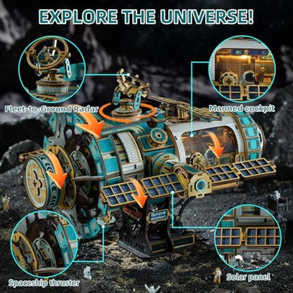 3D Wooden Puzzles International Space Station Model - Collectible Display Model with Interlocking Design, Motorized Solar Panels, Radar & Thrusters, LED Light Effects(Celestigon Station) - Image 3