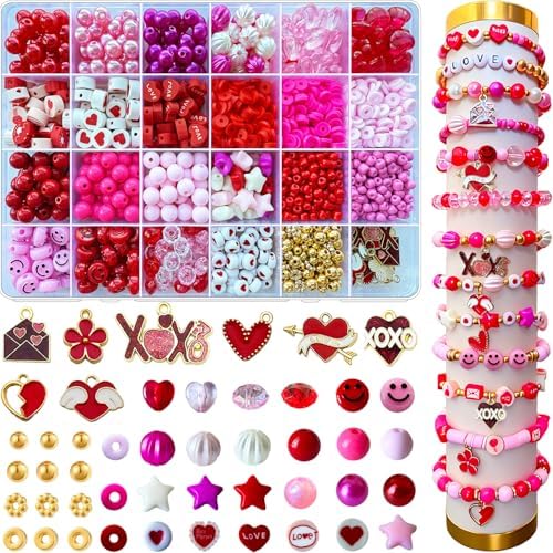 1900PCS+ Valentine’s Day Beads for Bracelets Jewelry Making Kit, Pink Red Polymer Clay Beads Assorted Pearl Crystal Star Heart Bead Acrylic Spacer Bead XOXO Heart Charms for Women Necklace DIY Crafts by Unknown