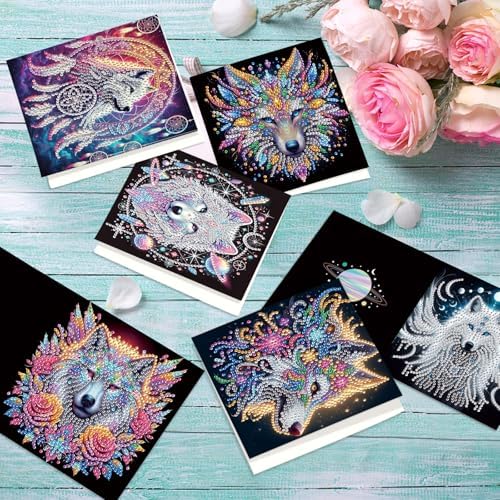 6pcs 5D DIY Diamond Painting Kit Greeting Card, Dreamcatcher Wolf Head Diamond Handmade Greeting Card with Envelope, Holiday Gift Congratulations - Image 5