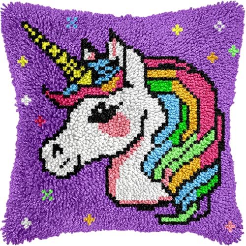 Unicorn Rainbow Latch Hook Pillow Kits for Adults Beginners, Easy DIY Hobby by VEIROUSA