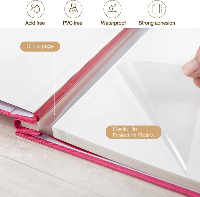 potricher Large Photo Album Self Adhesive 4x6 5x7 8x10 Pictures Linen Cover 80 Blank Pages Magnetic DIY Scrapbook Albums with A Metallic Pen (Rose Red)