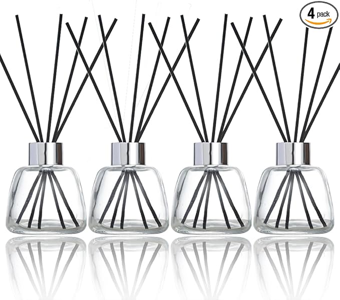 Kaxich 4 Pack Reed Diffuser Bottle Empty Glass Jar 3.52 oz Refillable Essential Oil Bottles with 30pcs Reeds Sticks, Elegant Home Decor Set for Bedroom, Bathroom, Office Decoration Gift