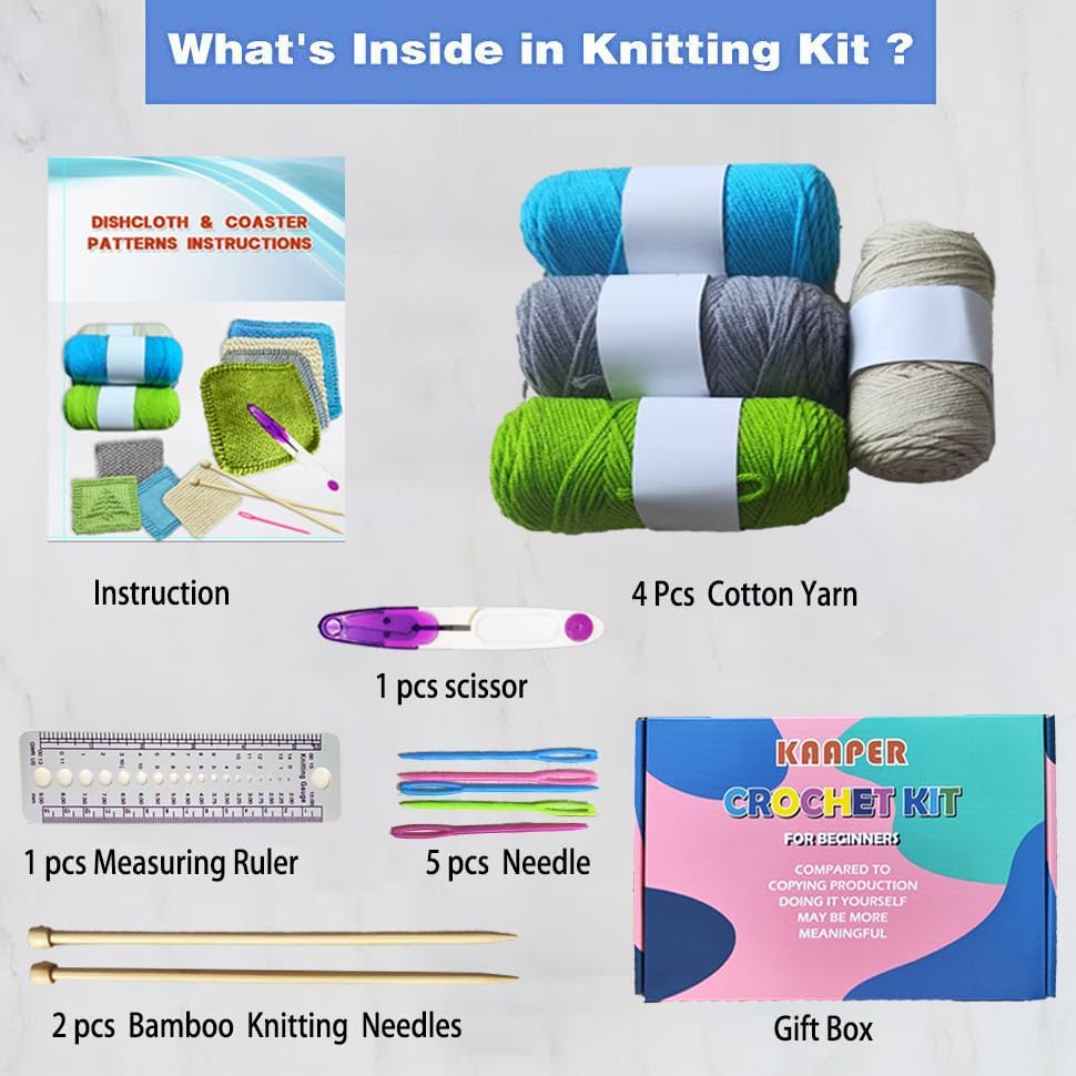 Kaaper Beginner Knitting Kit for Adults, Knit Dishcloth & Coaster Kit - Image 3