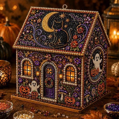 Halloween Wooden House 3D Rhinestone Diamond Art DIY Kit, for Adults, Wooden 3D House with Round Rhinestones and Pearl Accents for Hands-on Halloween Crafting and Tabletop Seasonal Decor. (Style-B) by Chgcuofce