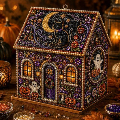 Halloween Wooden House 3D Rhinestone Diamond Art DIY Kit, for Adults, Wooden 3D House with Round Rhinestones and Pearl Accents for Hands-on Halloween Crafting and Tabletop Seasonal Decor. (Style-B) by Chgcuofce