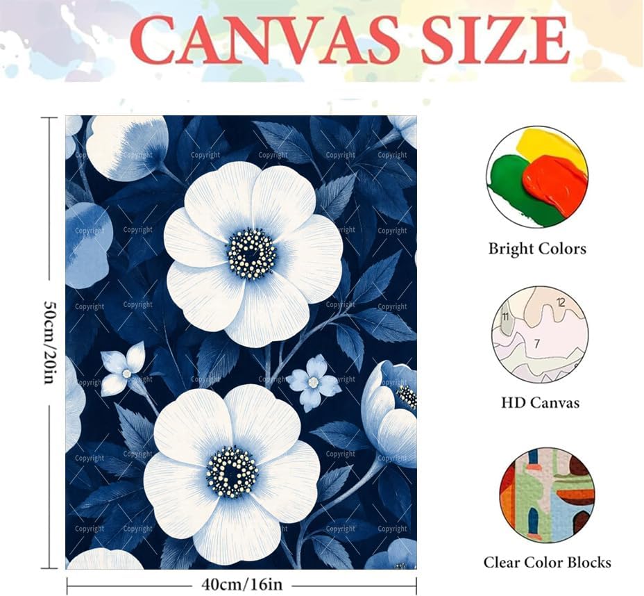 Botanical Paint By Numbers Kit For Adults - Diy Blue White Flower Pattern Painting On Canvas 16X20 In, Acrylic Paint Set, Suitable For Beginners, Wall Decor Art For Home Decoration Or Gifts, Unframed - Image 2