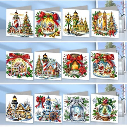 jinglinhh 12pcs Diamond Art Painting Christmas Lighthouse Tree Santa Greeting Cards with Envelopes, DIY Card Making Kits for Adults, Diamond Art Christmas Cards for Holiday Gifts - Image 6