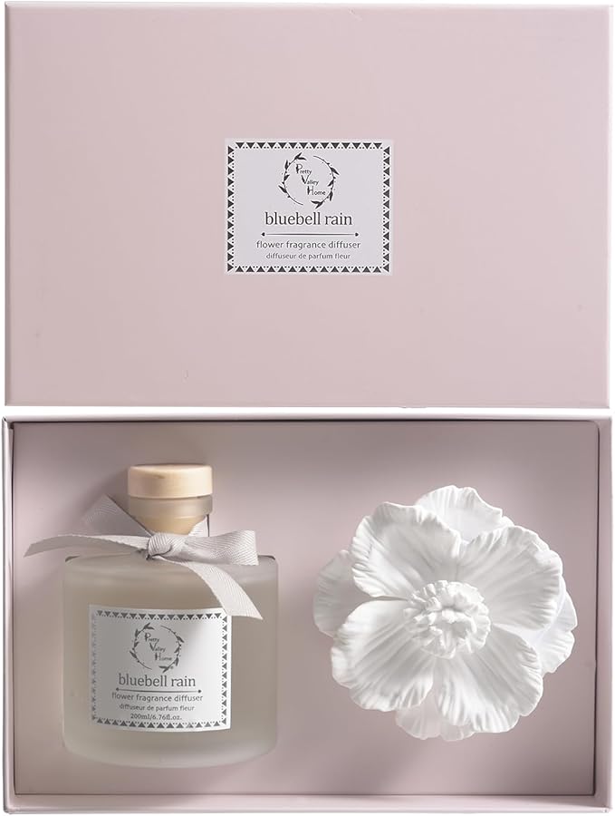 Pretty Valley Home Reed Diffuser Sets, 6.76 Fl. Oz / 200ML Ceramic Diffuser Flower Gift Box, Home Reed Diffuser for Bathroom Office Bathroom Living Room Decor (Bluebell RAIN White)