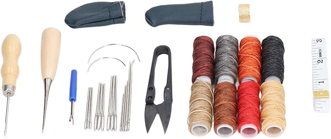 32Pcs Leather Craft Tools Kit, All in One Hand Sewing Kit for DIY Leather Goods Making, Stainless Steel Leather Working Tools with Wax Thread, Needles and Accessories for Beginners