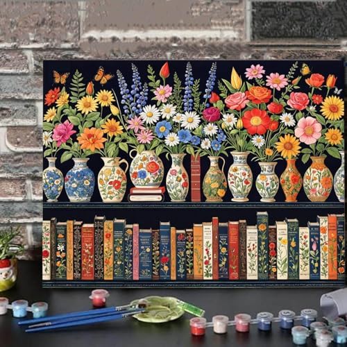 Wildflower Paint by Numbers Kit for Adults Beginners Colorful Blooming Bookshelf Painting by Number Kits on Canvas DIY Oil Painting Plant Floral Flowers for Book Lover Gifts Home Wall Decor 16x20 Inch - Image 3