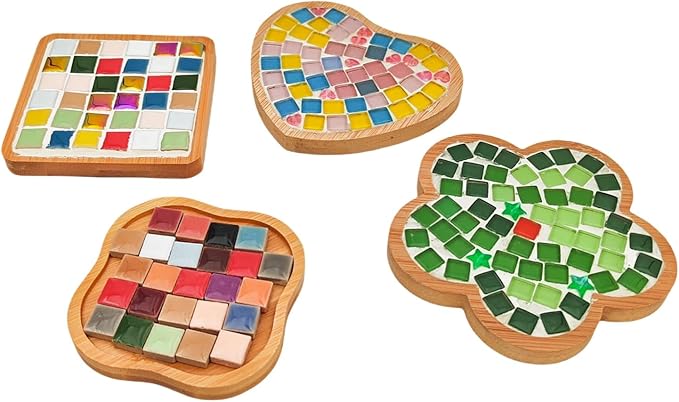 4PCS Mosaic Bamboo Coasters for Crafts, Blank Base Trays, Drinking Cup Coaster, Plant Coaster, Art Plate,DIY Mosaic Supplies (Four-Leaf Clover)